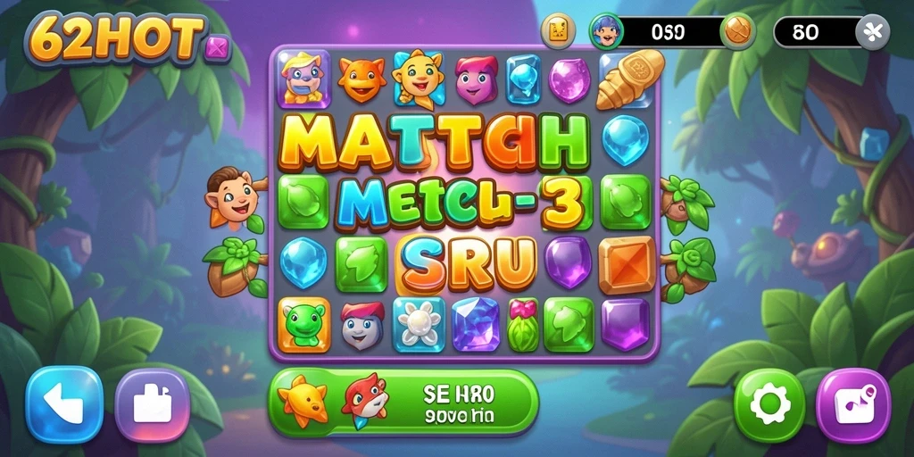 Tangkapan layar gameplay 62HOT yang menunjukkan aksi Match-3 yang seru.