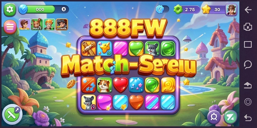Tangkapan layar 888FW menunjukkan gameplay Match-3 yang seru dan penuh warna.