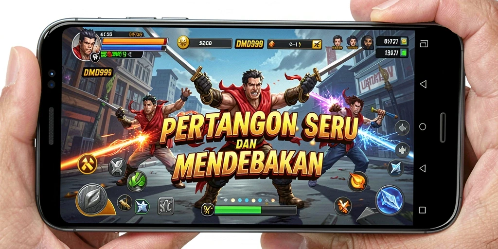 Tangkapan layar utama menampilkan aksi pertarungan yang mendebarkan dalam DMD999.