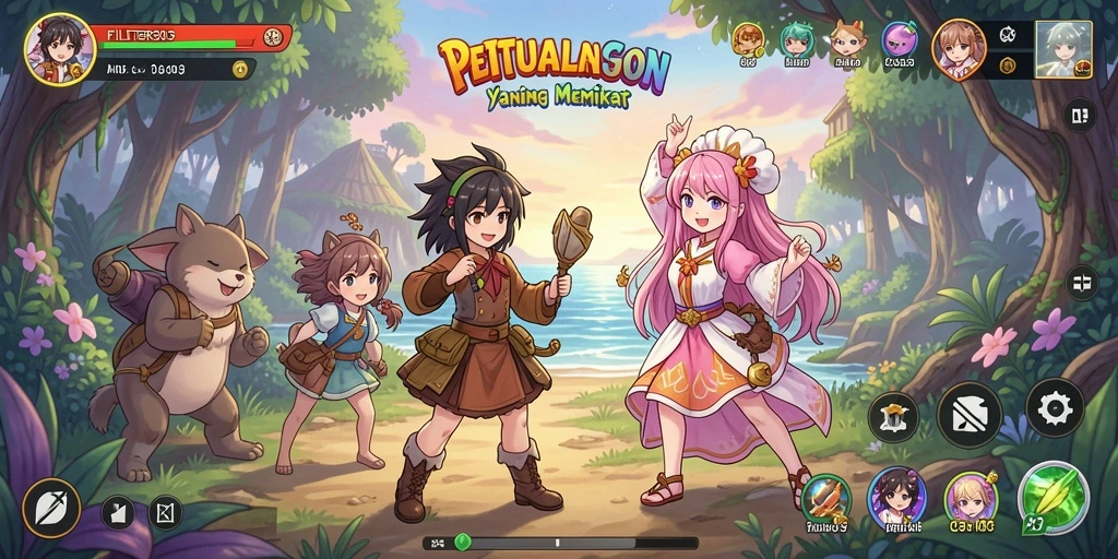 Tampilan utama gameplay FILTER303 yang menampilkan karakter anime yang dinamis.