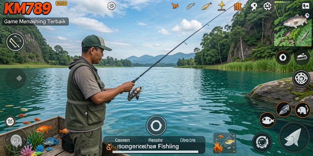 Tampilan gameplay KM789 dengan aksi memancing yang seru.