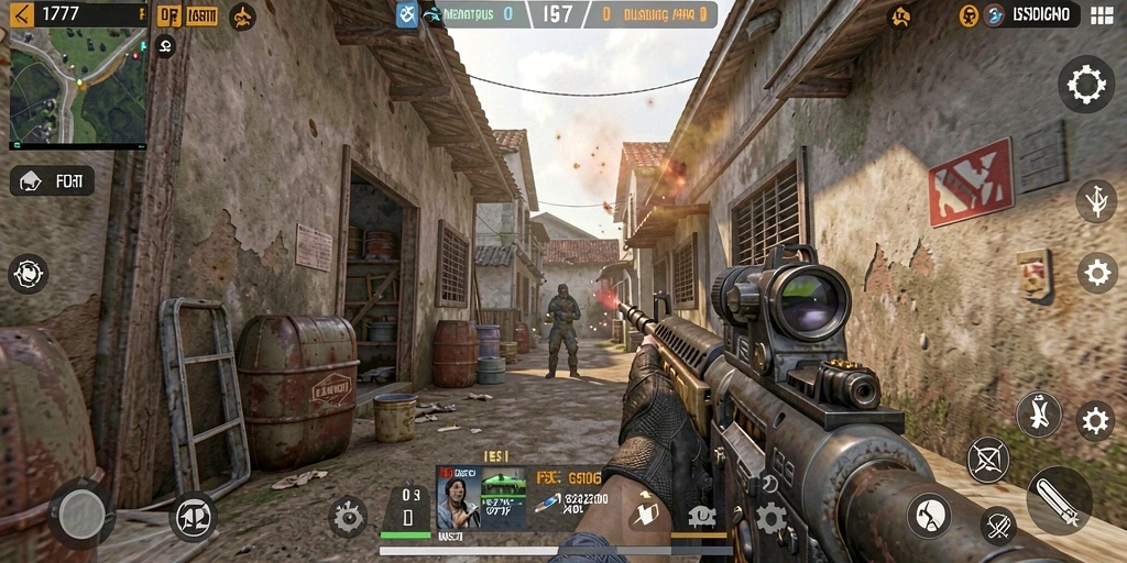 Screenshot menampilkan aksi laga intens dalam gameplay FPS L777.