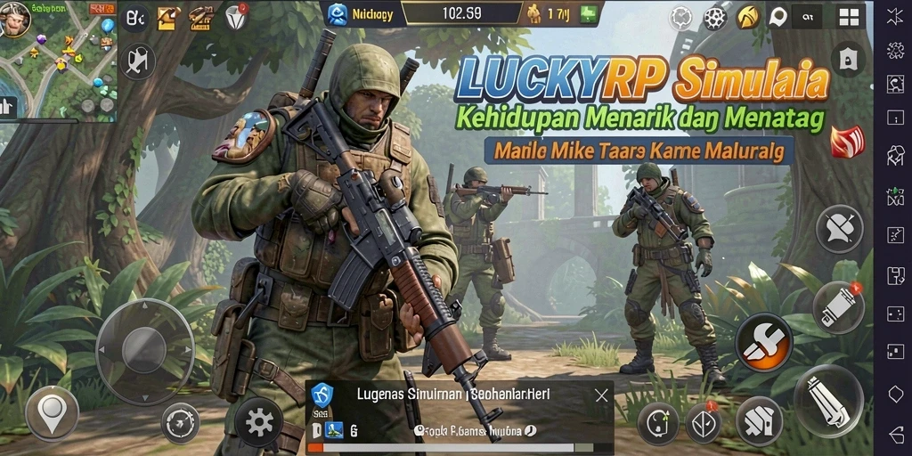 Screenshot gameplay LUCKYRP menampilkan karakter yang berinteraksi di lingkungan yang dinamis.