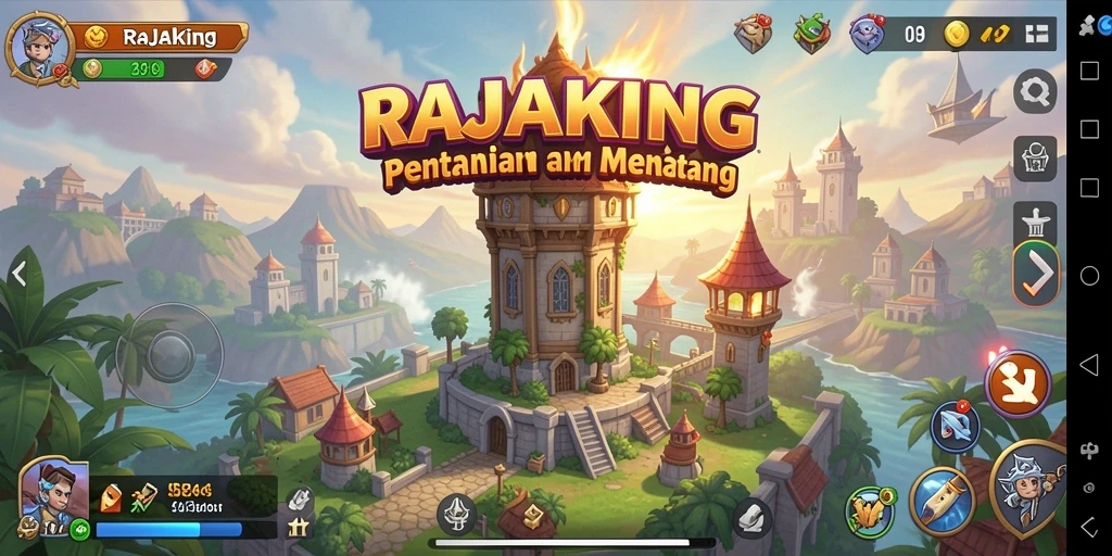 Tangkapan layar gameplay RAJAKING menampilkan menara bertahan melawan gelombang musuh.