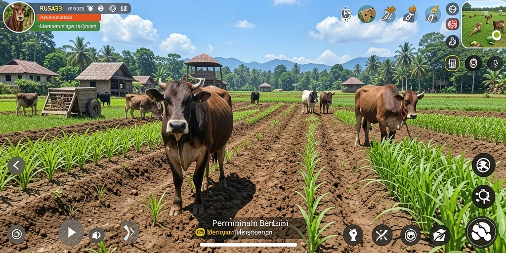 Tampilan gameplay RUSA33 dengan ladang yang subur dan hewan ternak.