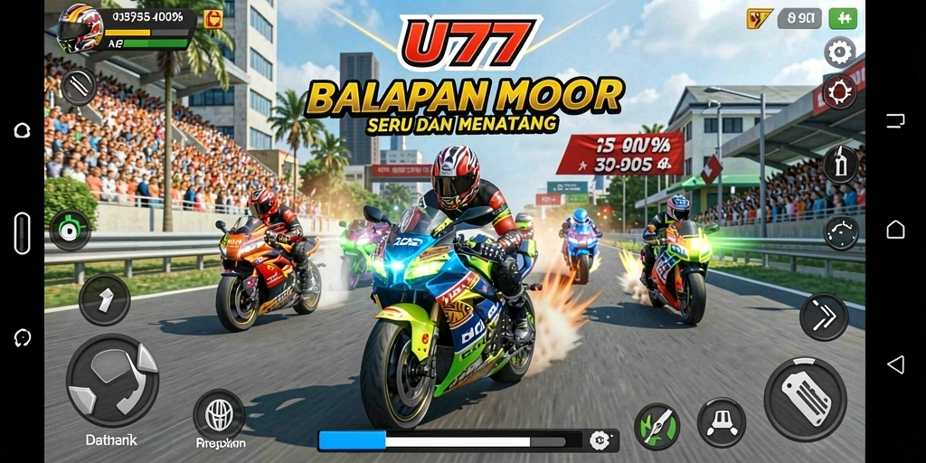 Screenshot UT77 menampilkan momen balapan motor yang mendebarkan.